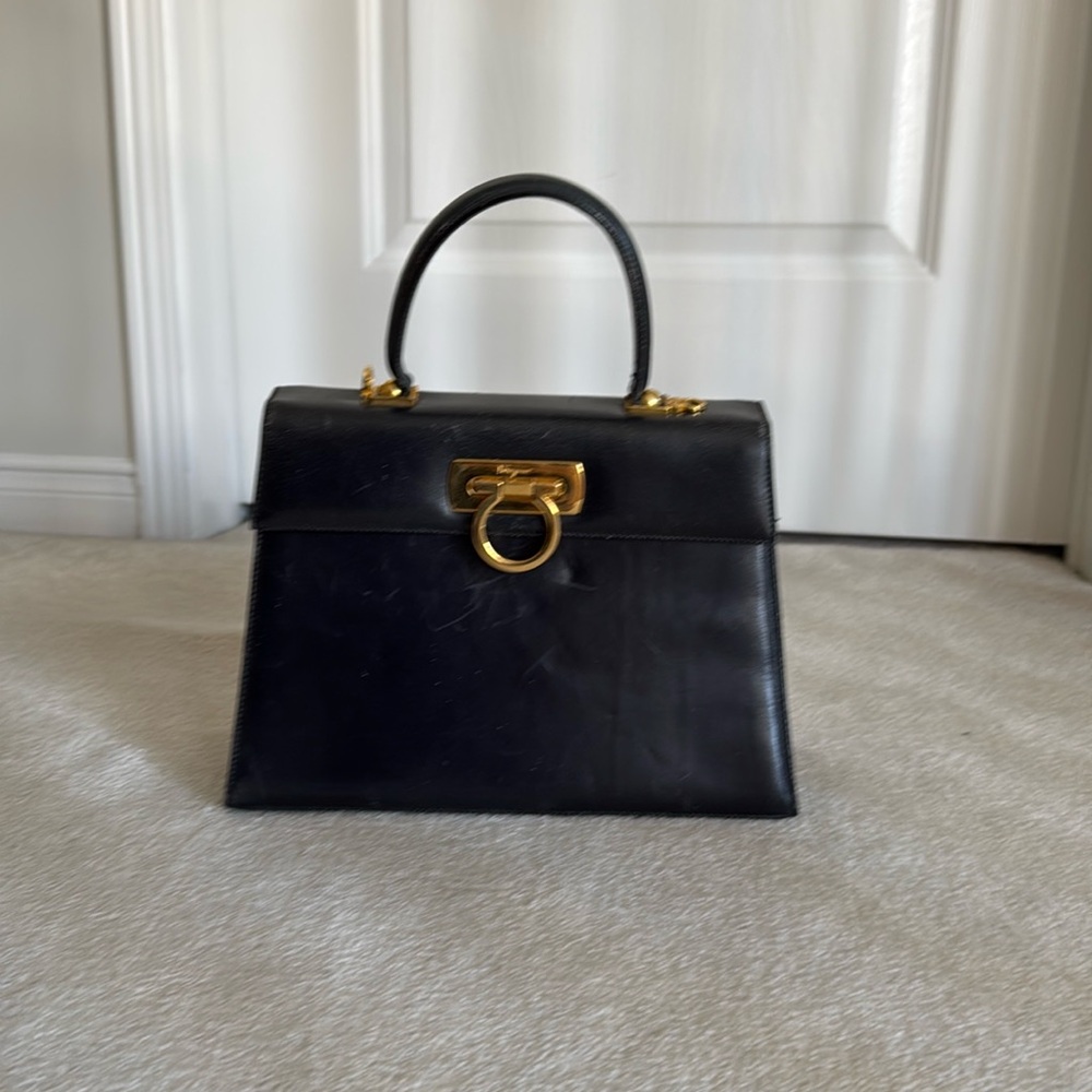 Midnight navy Ferragamo vintage top handle smooth calfskin bag